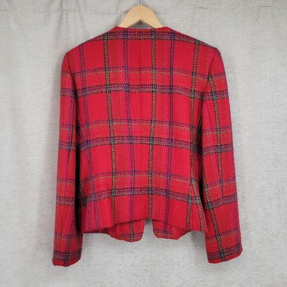Ellen Tracy Red Plaid Blazer Double Breasted Gold Buttons Skirt Suit Set Tweed - Picture 9 of 16